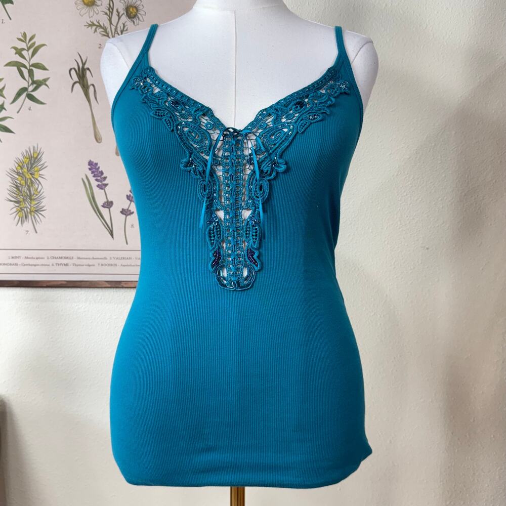 Y2k Corset Lace Up Beaded Ribbed Tank Top Fairy Grunge Sexy Coastal Cowgirl S M